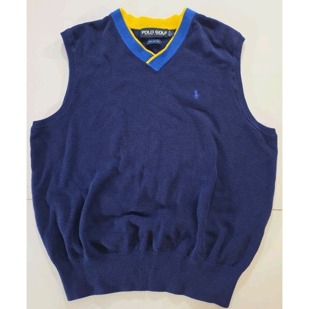 Vtg Polo Golf Ralph Lauren Sweater Vest Mens Large L Navy Blue Yellow Cotton 90s